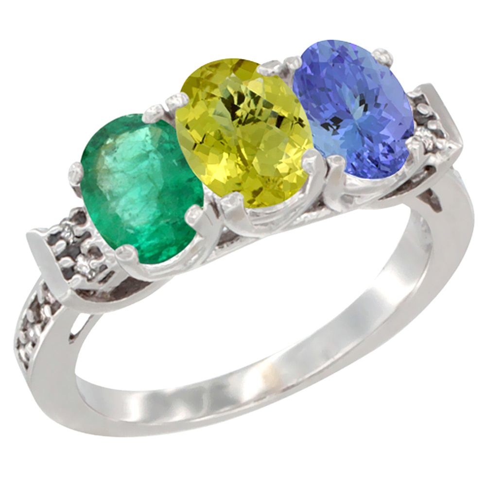 10K White Gold Natural Emerald, Lemon Quartz & Tanzanite Ring 3-Stone Oval 7x5 mm Diamond Accent, sizes 5 - 10