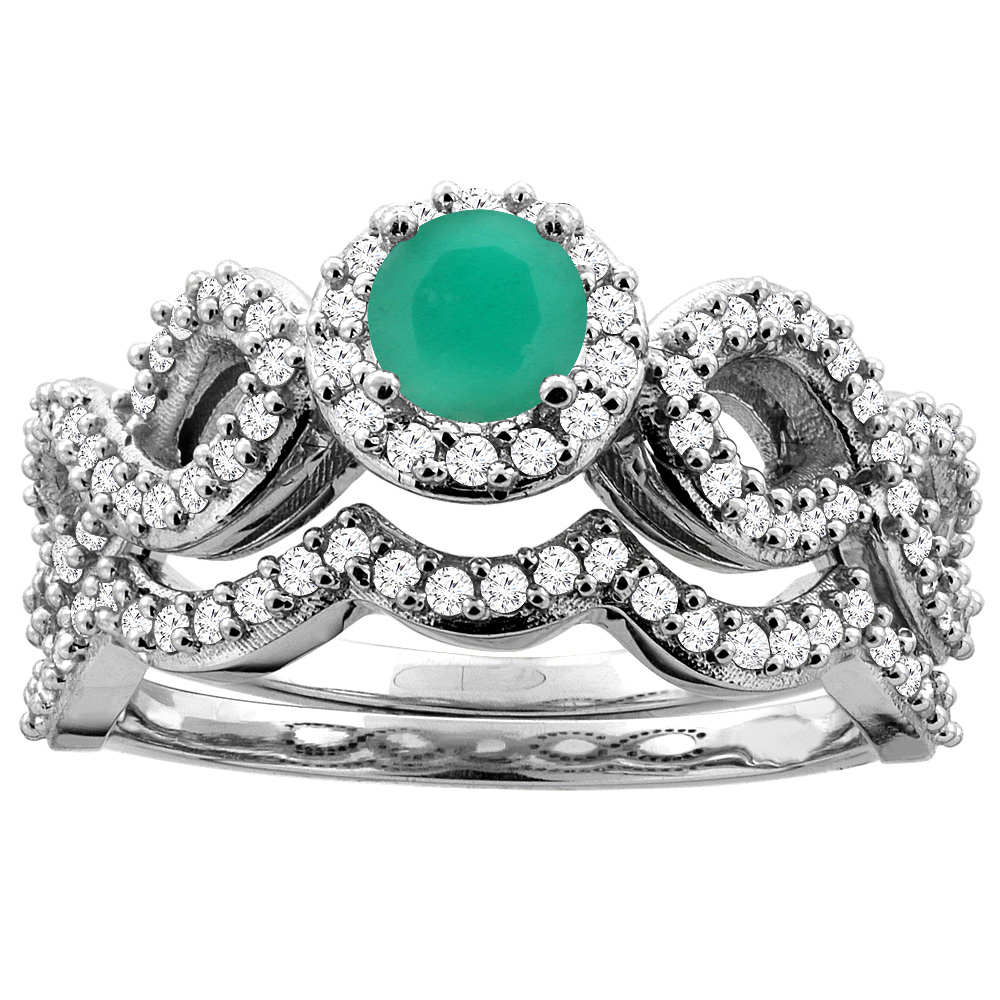 14K White Gold Natural Emerald Engagement Halo Ring Round 5mm Diamond 2-piece Accents, sizes 5 - 10