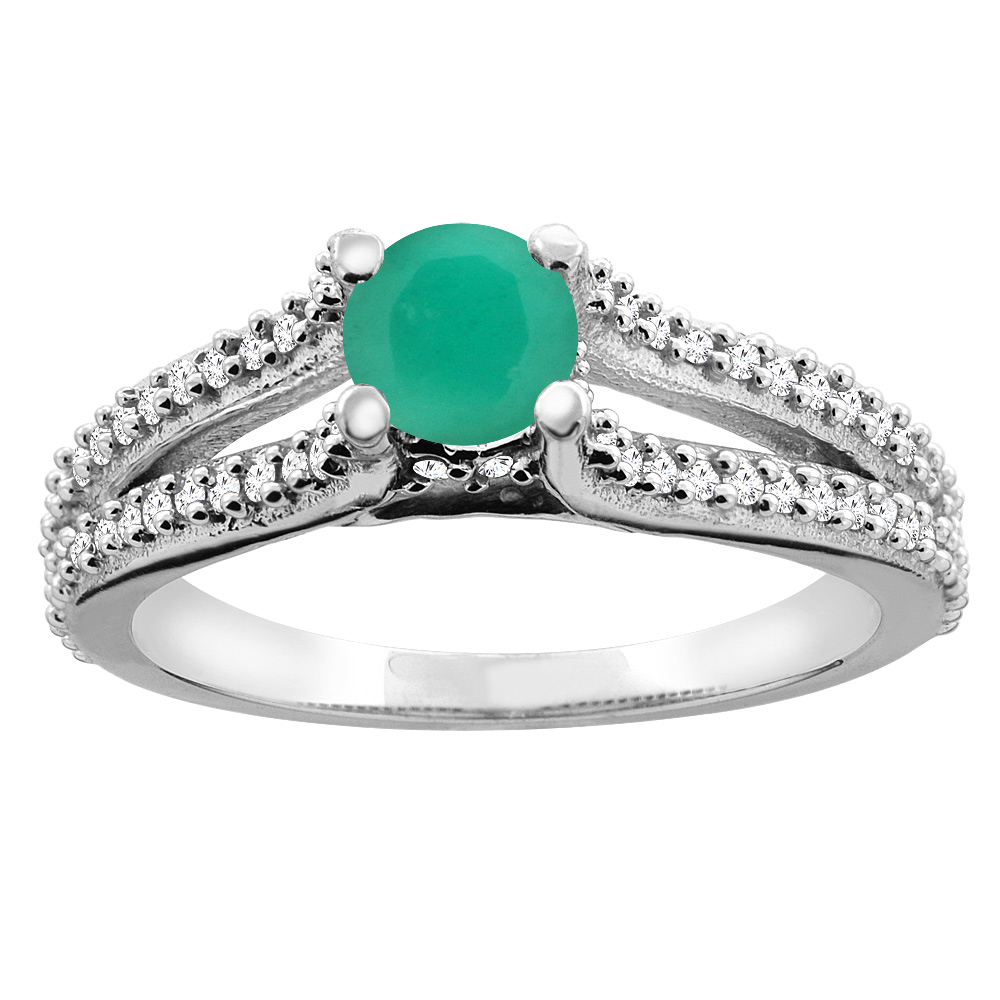 14K White Gold Natural Emerald Engagement Split Shank Ring Round 5mm Diamond Accents, sizes 5 - 10