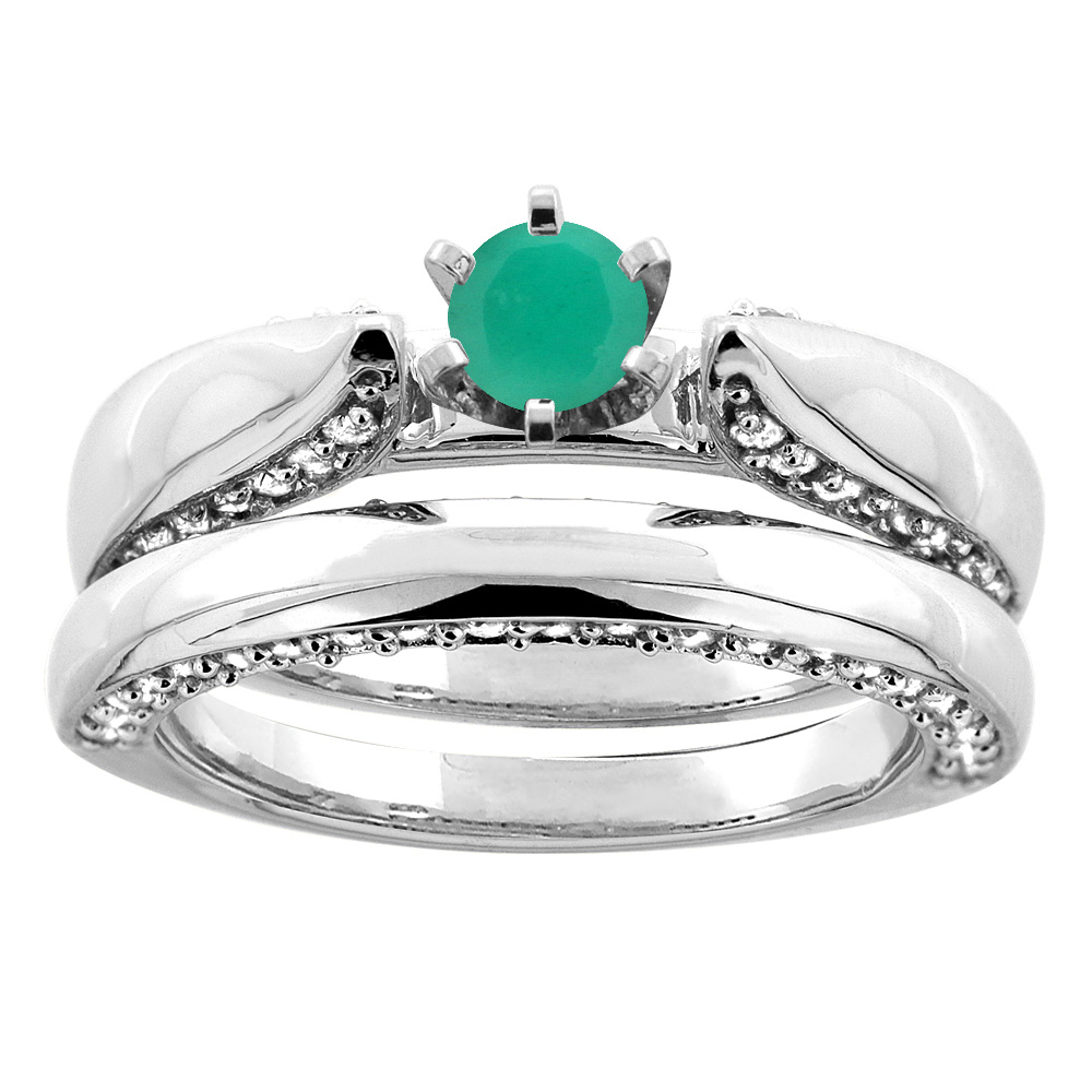 10K White Gold Natural Emerald 2-piece Bridal Ring Set Diamond Accents Round 5mm, sizes 5 - 10