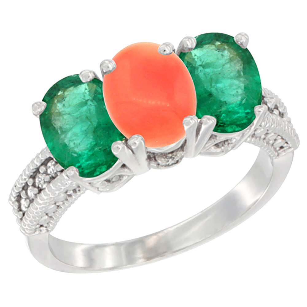 14K White Gold Natural Coral &amp; Emerald Sides Ring 3-Stone 7x5 mm Oval Diamond Accent, sizes 5 - 10