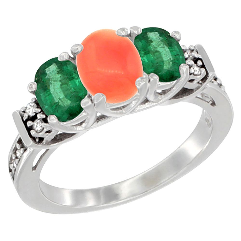 14K White Gold Natural Coral &amp; Emerald Ring 3-Stone Oval Diamond Accent, sizes 5-10