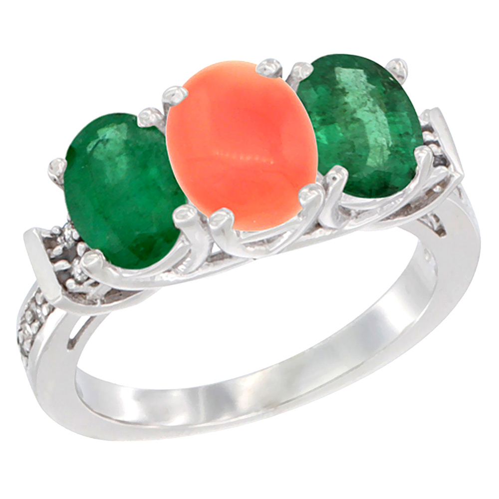 14K White Gold Natural Coral &amp; Emerald Sides Ring 3-Stone Oval Diamond Accent, sizes 5 - 10