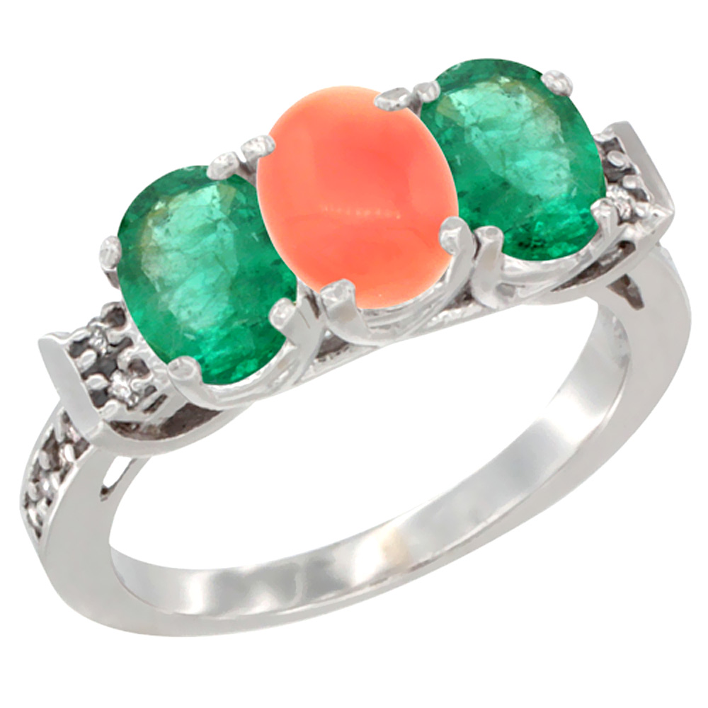 10K White Gold Natural Coral &amp; Emerald Sides Ring 3-Stone Oval 7x5 mm Diamond Accent, sizes 5 - 10