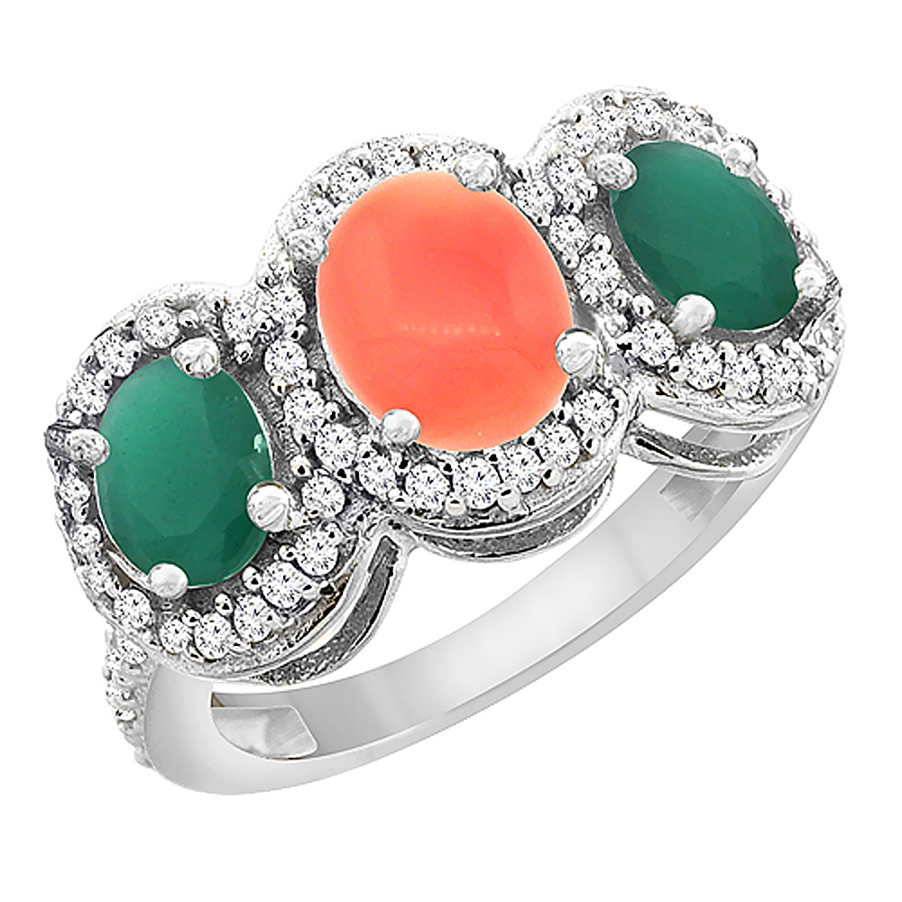 14K White Gold Natural Coral & Cabochon Emerald 3-Stone Ring Oval Diamond Accent, sizes 5 - 10