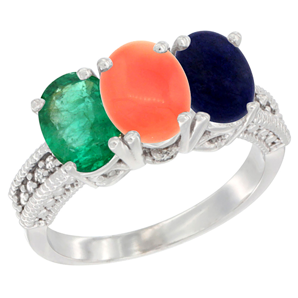 14K White Gold Natural Emerald, Coral &amp; Lapis Ring 3-Stone 7x5 mm Oval Diamond Accent, sizes 5 - 10