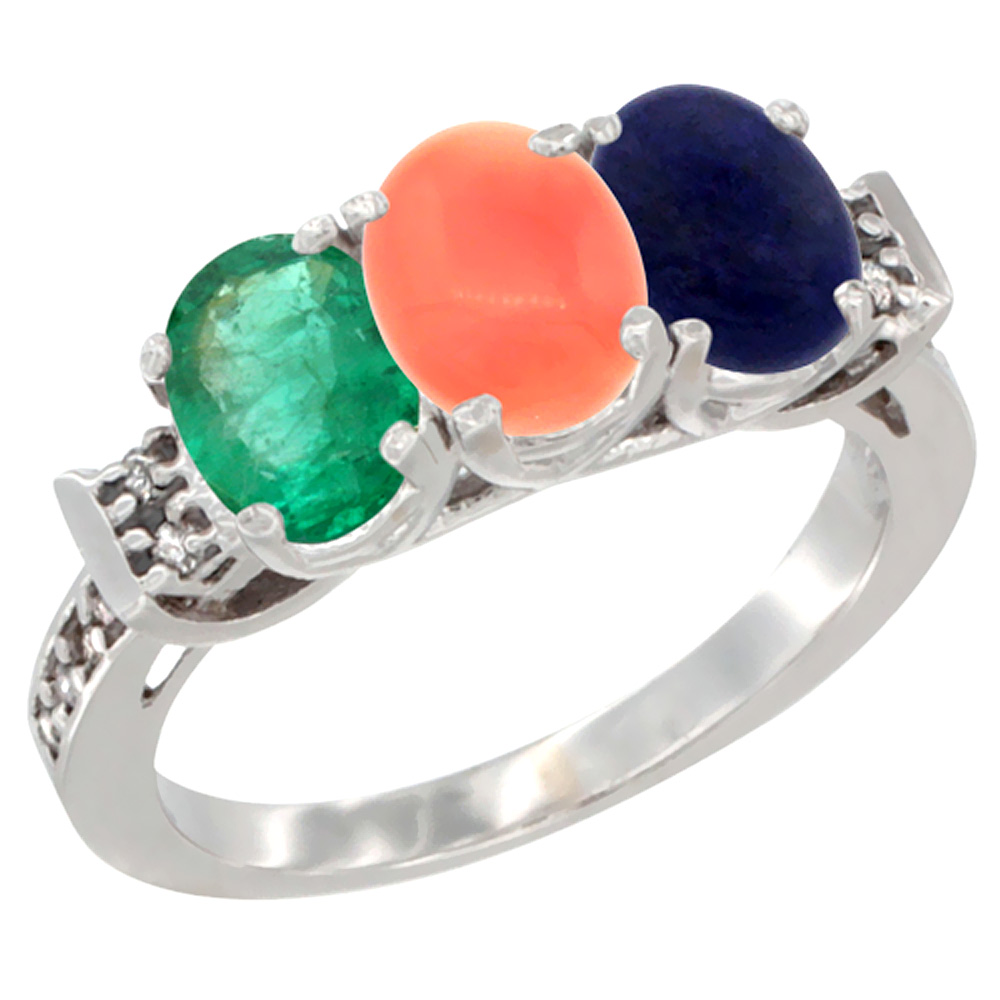 10K White Gold Natural Emerald, Coral & Lapis Ring 3-Stone Oval 7x5 mm Diamond Accent, sizes 5 - 10