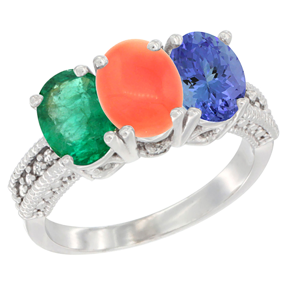 14K White Gold Natural Emerald, Coral &amp; Tanzanite Ring 3-Stone 7x5 mm Oval Diamond Accent, sizes 5 - 10