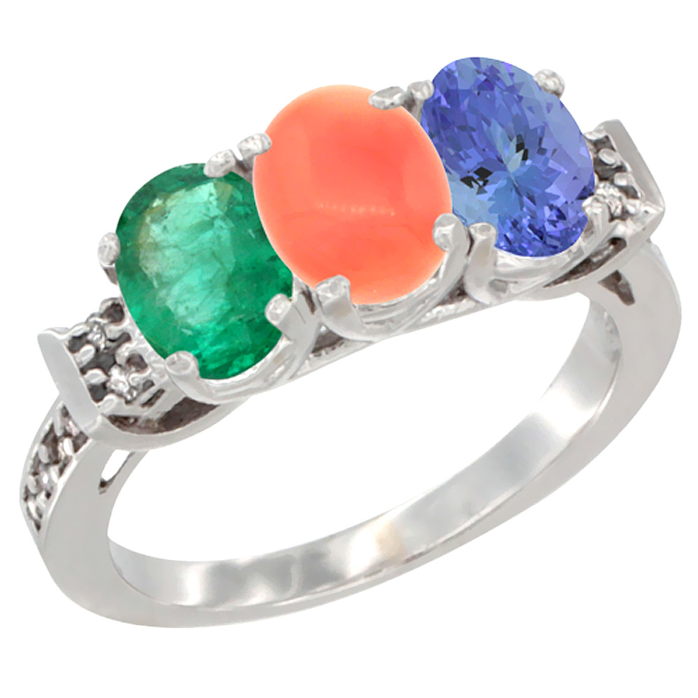 14K White Gold Natural Emerald, Coral &amp; Tanzanite Ring 3-Stone Oval 7x5 mm Diamond Accent, sizes 5 - 10