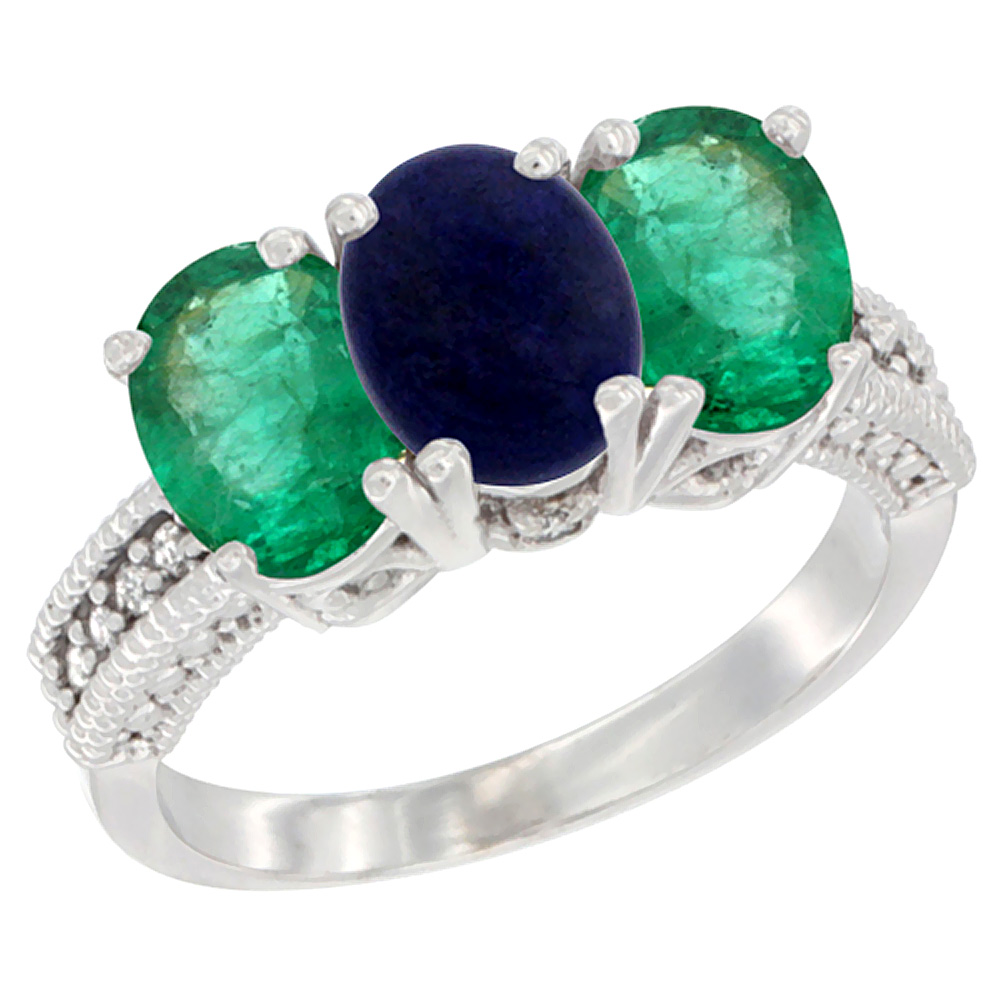 14K White Gold Natural Lapis &amp; Emerald Sides Ring 3-Stone 7x5 mm Oval Diamond Accent, sizes 5 - 10