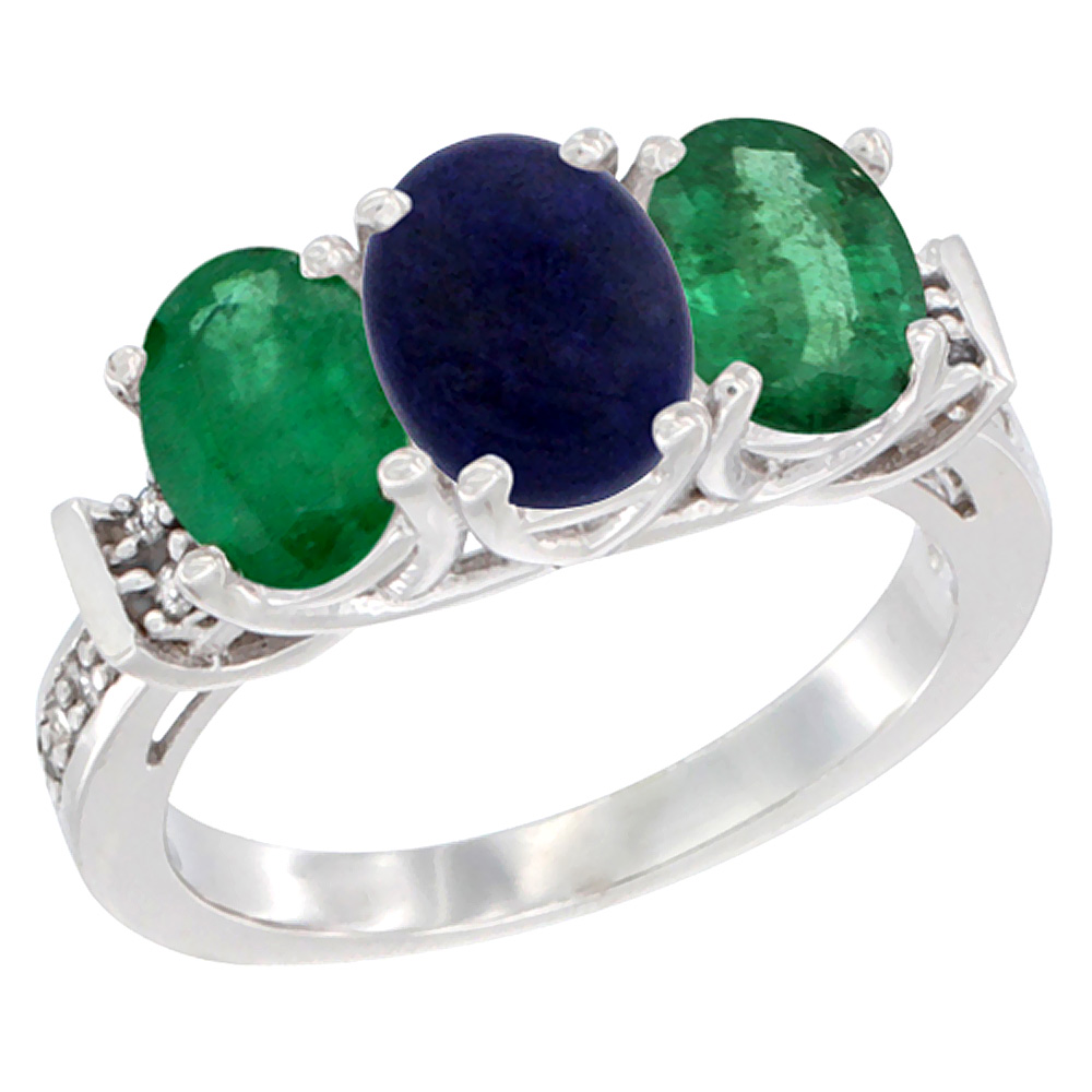 14K White Gold Natural Lapis & Emerald Sides Ring 3-Stone Oval Diamond Accent, sizes 5 - 10