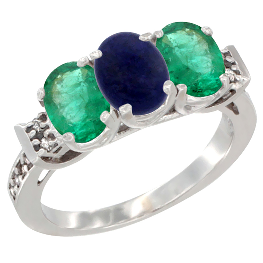 10K White Gold Natural Lapis &amp; Emerald Sides Ring 3-Stone Oval 7x5 mm Diamond Accent, sizes 5 - 10
