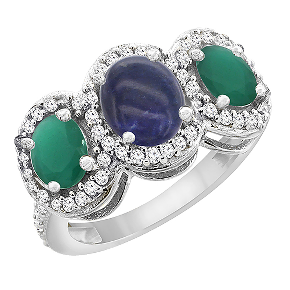 14K White Gold Natural Lapis &amp; Cabochon Emerald 3-Stone Ring Oval Diamond Accent, sizes 5 - 10