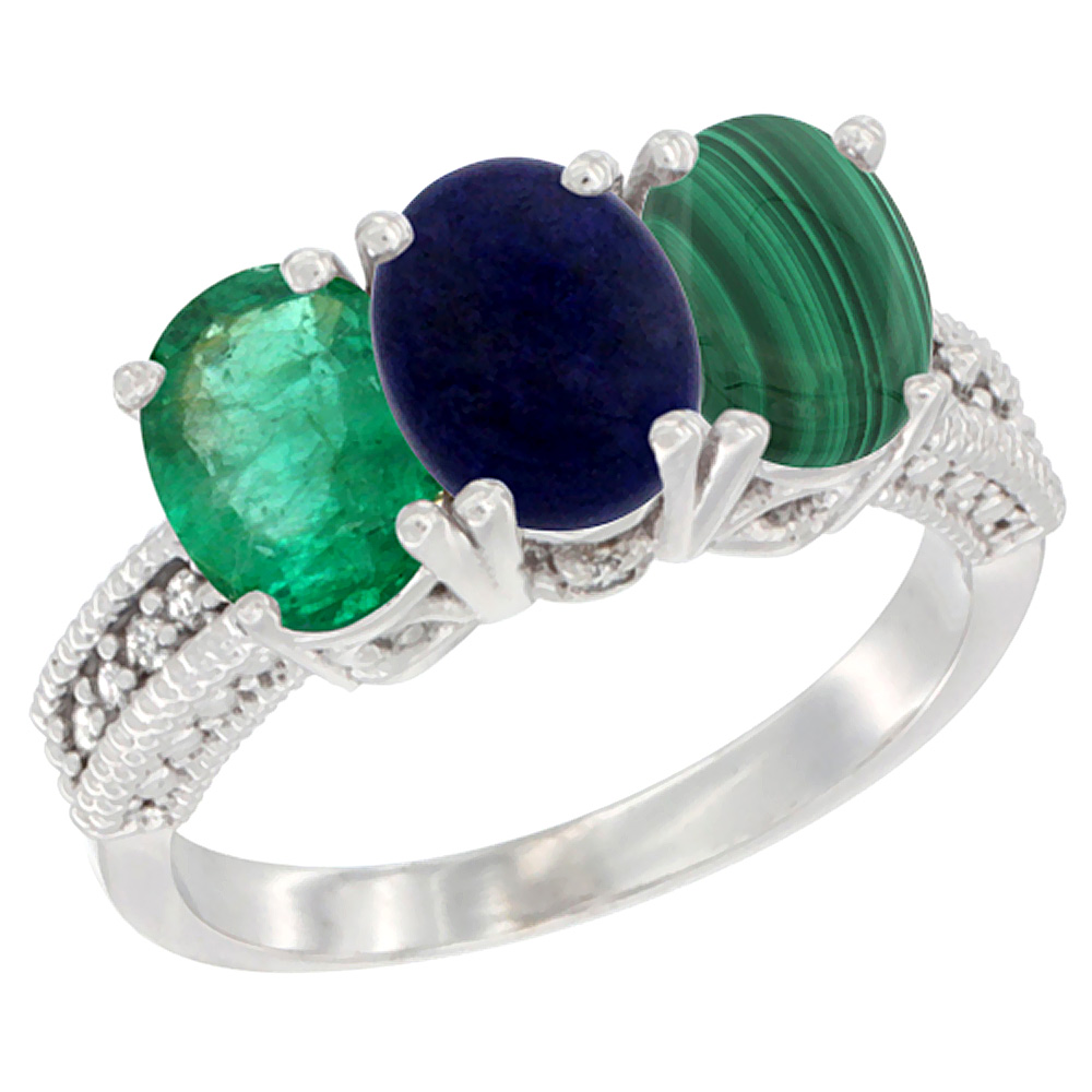 14K White Gold Natural Emerald, Lapis &amp; Malachite Ring 3-Stone 7x5 mm Oval Diamond Accent, sizes 5 - 10