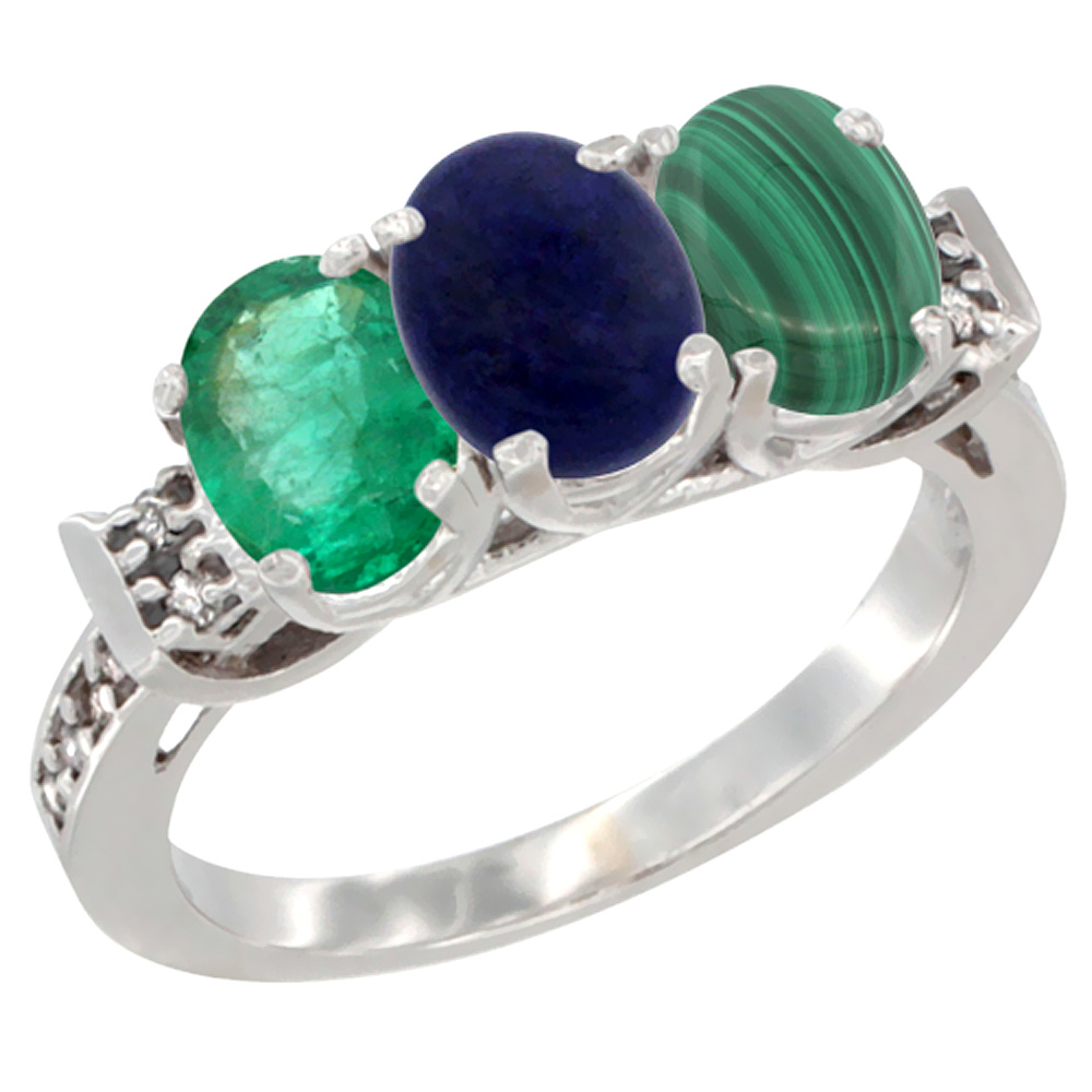 10K White Gold Natural Emerald, Lapis &amp; Malachite Ring 3-Stone Oval 7x5 mm Diamond Accent, sizes 5 - 10