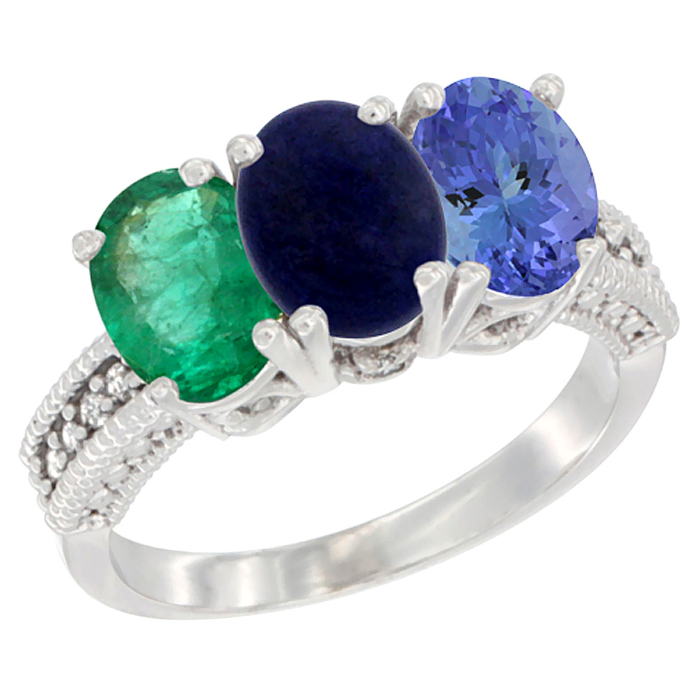 14K White Gold Natural Emerald, Lapis & Tanzanite Ring 3-Stone 7x5 mm Oval Diamond Accent, sizes 5 - 10