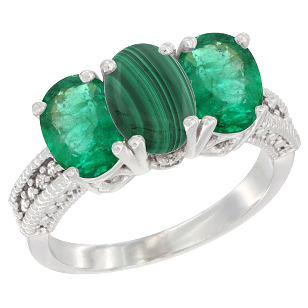 14K White Gold Natural Malachite &amp; Emerald Sides Ring 3-Stone 7x5 mm Oval Diamond Accent, sizes 5 - 10