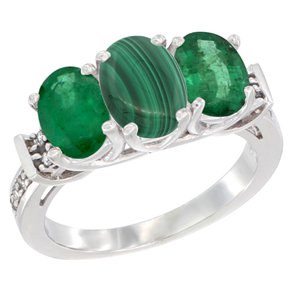 10K White Gold Natural Malachite & Emerald Sides Ring 3-Stone Oval Diamond Accent, sizes 5 - 10
