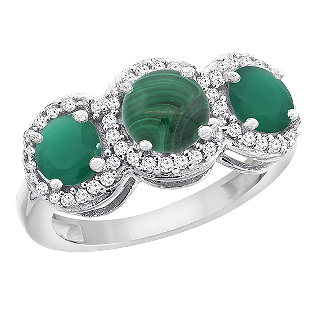 14K White Gold Natural Malachite & Emerald Sides Round 3-stone Ring Diamond Accents, sizes 5 - 10