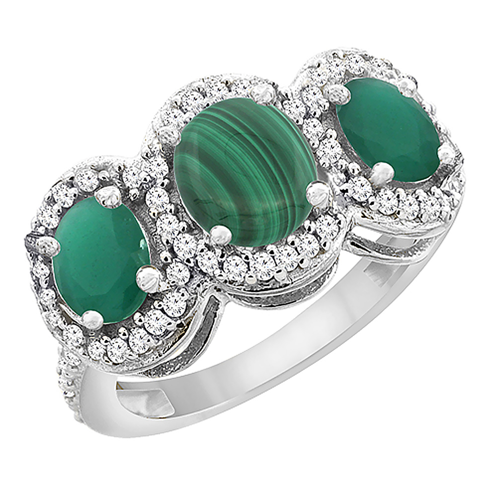 10K White Gold Natural Malachite &amp; Cabochon Emerald 3-Stone Ring Oval Diamond Accent, sizes 5 - 10