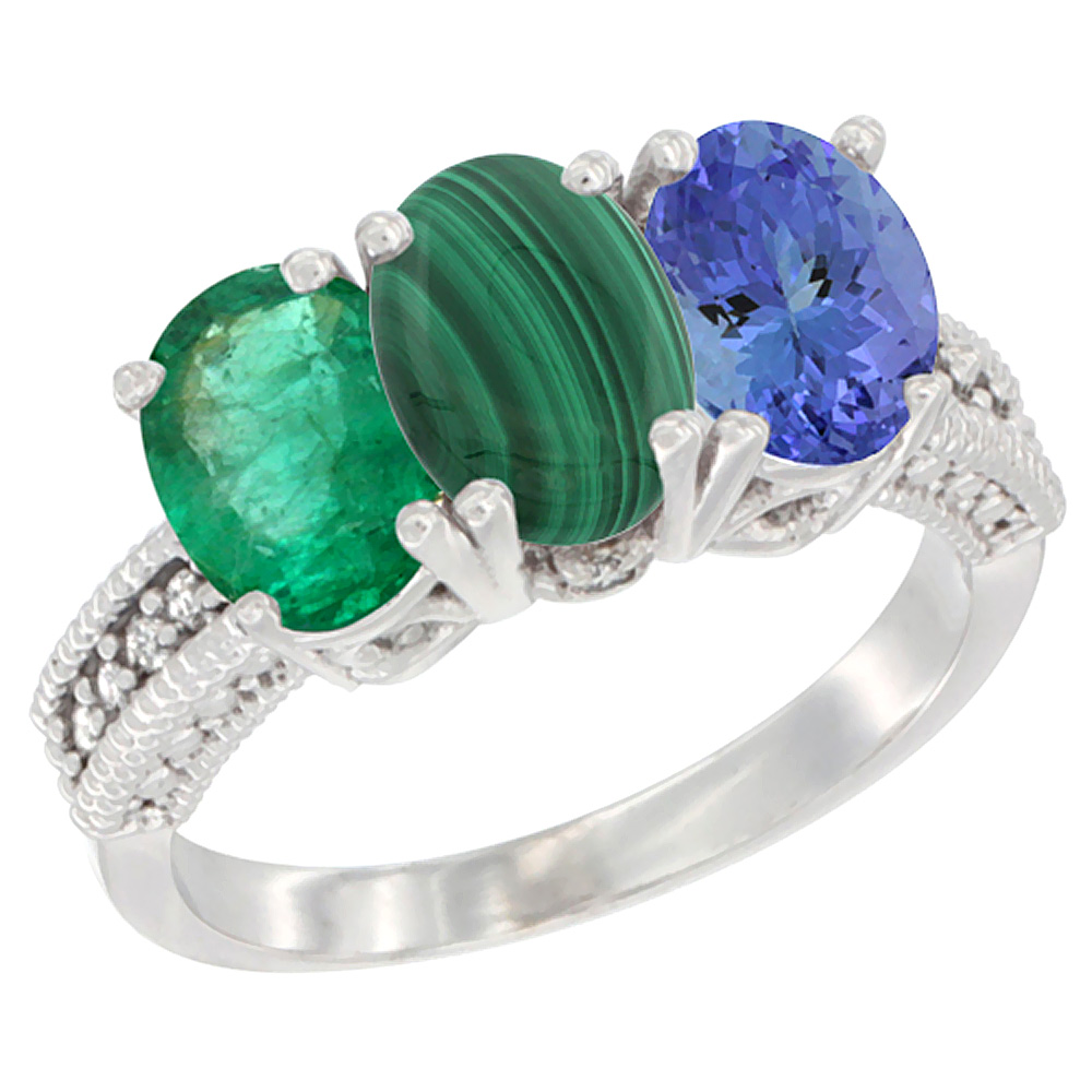 14K White Gold Natural Emerald, Malachite & Tanzanite Ring 3-Stone 7x5 mm Oval Diamond Accent, sizes 5 - 10