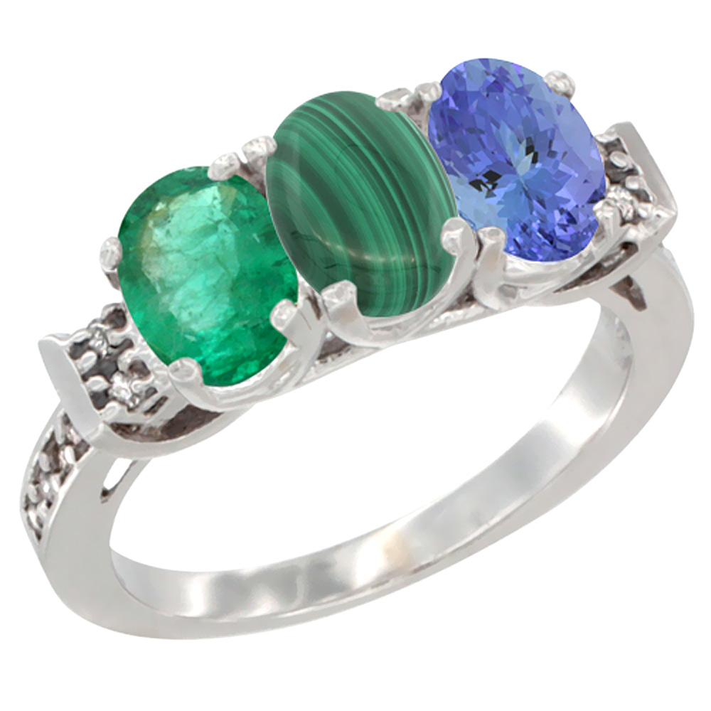 10K White Gold Natural Emerald, Malachite & Tanzanite Ring 3-Stone Oval 7x5 mm Diamond Accent, sizes 5 - 10