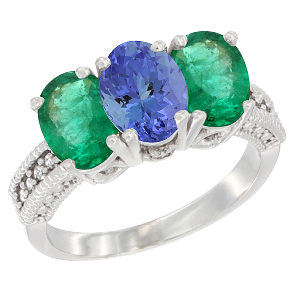 14K White Gold Natural Tanzanite & Emerald Sides Ring 3-Stone 7x5 mm Oval Diamond Accent, sizes 5 - 10