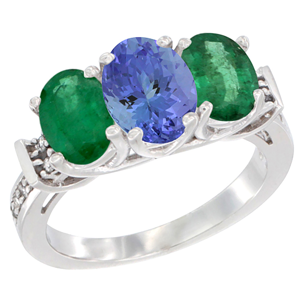 10K White Gold Natural Tanzanite &amp; Emerald Sides Ring 3-Stone Oval Diamond Accent, sizes 5 - 10