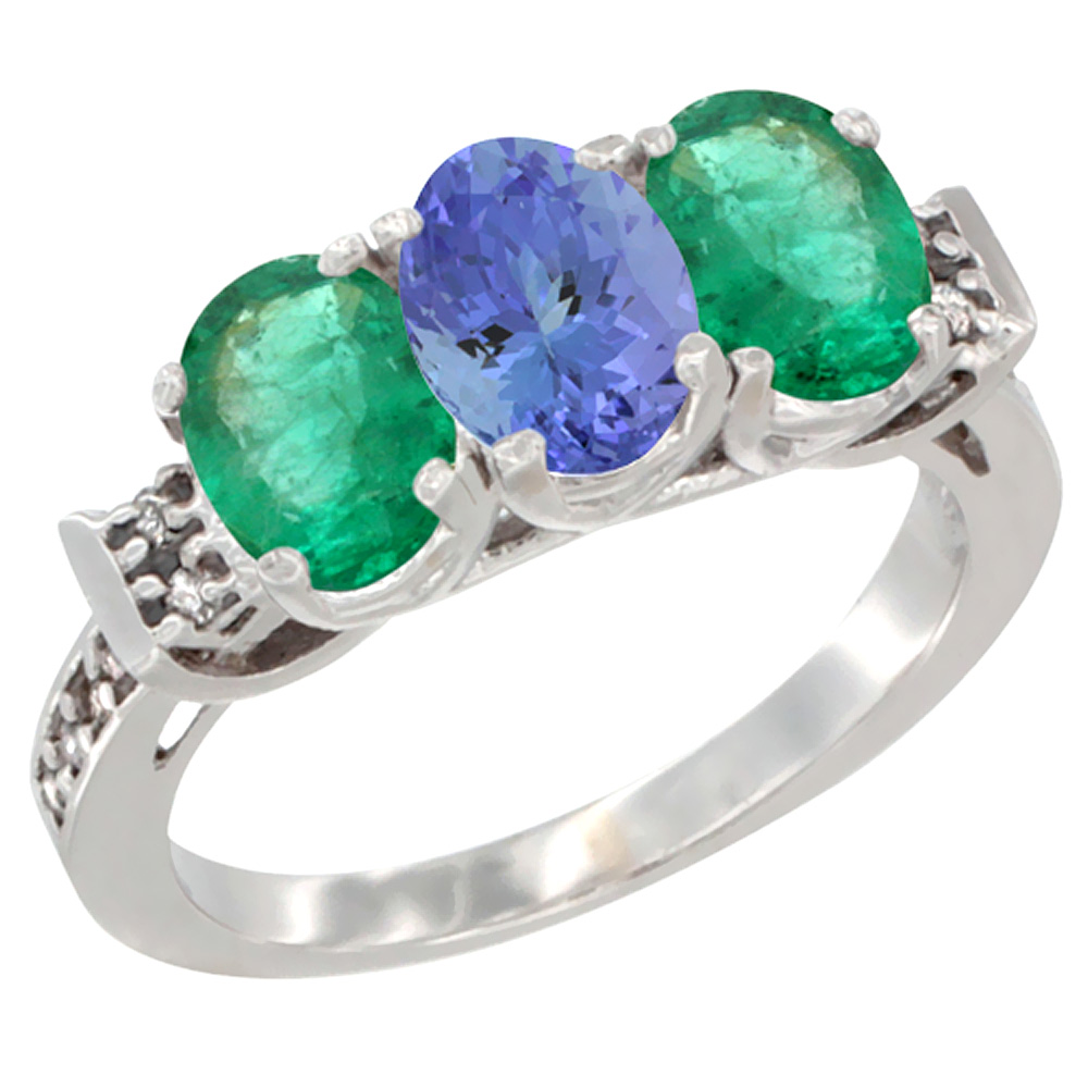 14K White Gold Natural Tanzanite &amp; Emerald Sides Ring 3-Stone Oval 7x5 mm Diamond Accent, sizes 5 - 10