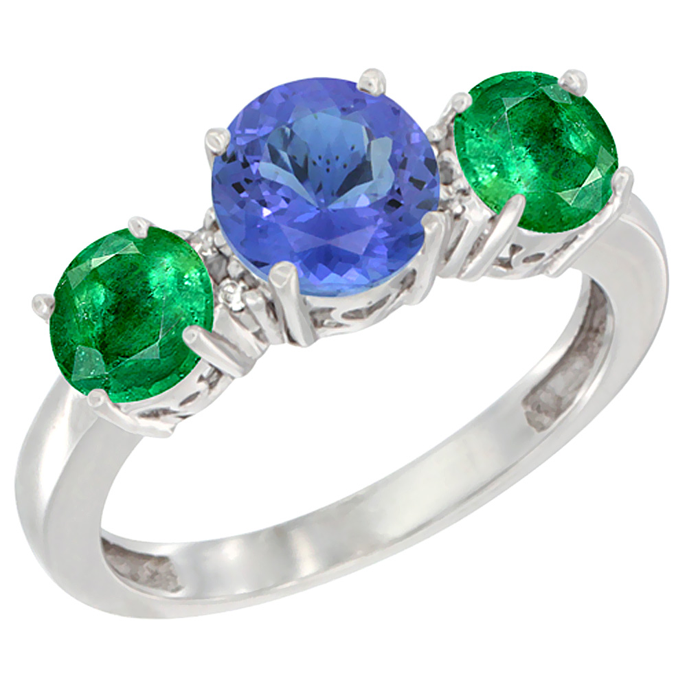 10K White Gold Round 3-Stone Natural Tanzanite Ring & Emerald Sides Diamond Accent, sizes 5 - 10