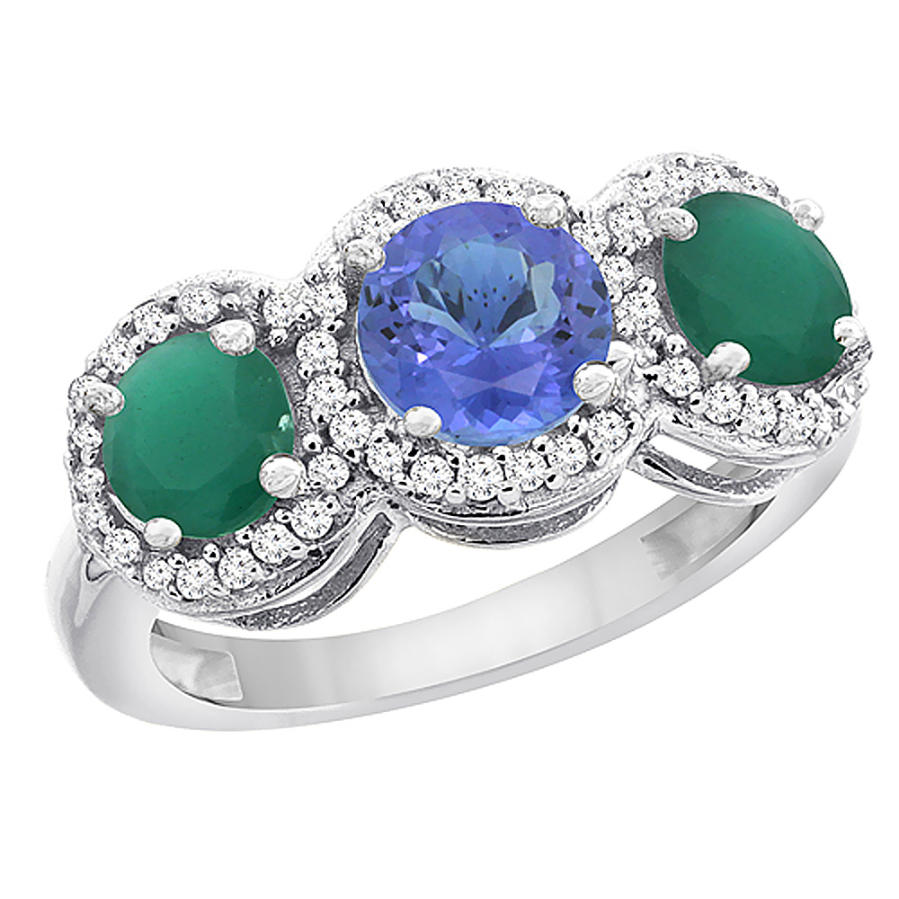 14K White Gold Natural Tanzanite &amp; Emerald Sides Round 3-stone Ring Diamond Accents, sizes 5 - 10