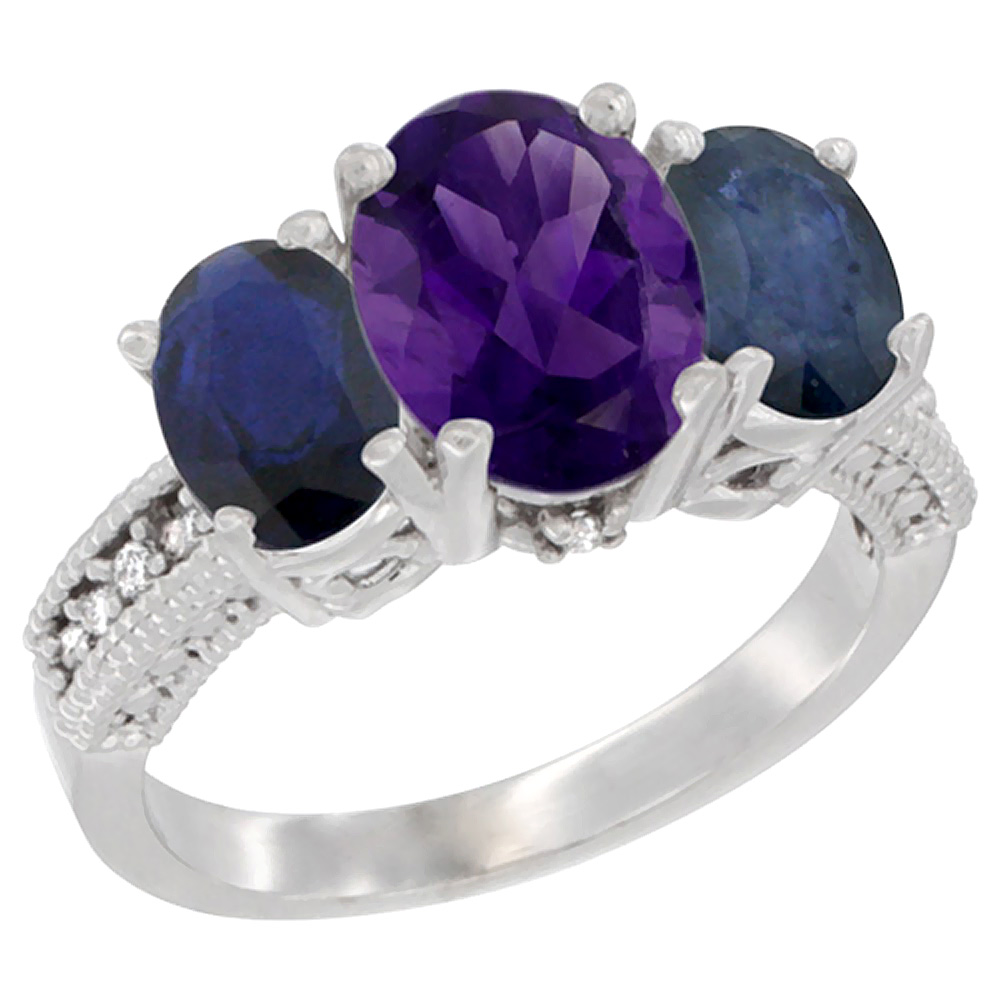 10K White Gold Diamond Natural Amethyst Ring 3-Stone Oval 8x6mm with Blue Sapphire, sizes5-10