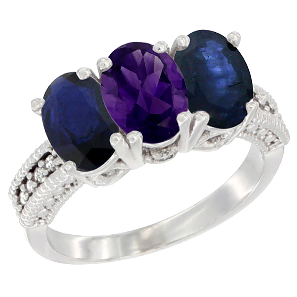 14K White Gold Natural Amethyst &amp; Blue Sapphire Sides Ring 3-Stone 7x5 mm Oval Diamond Accent, sizes 5 - 10