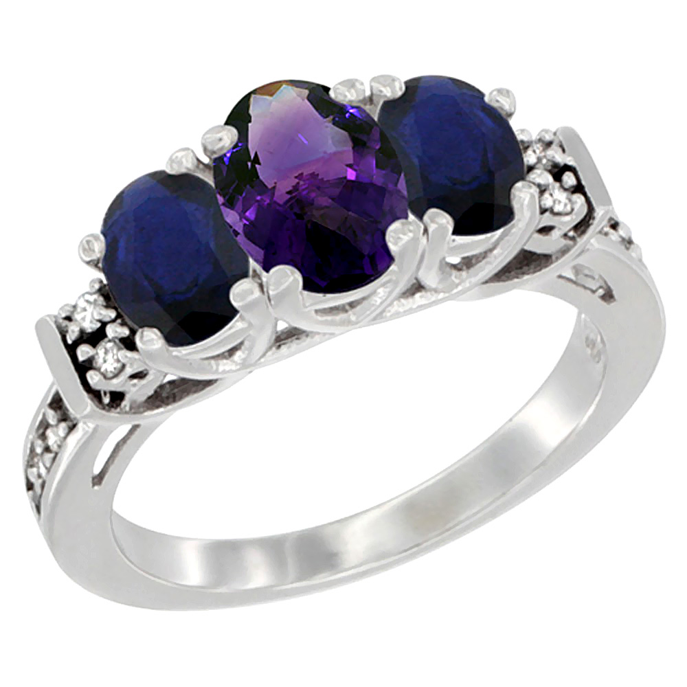 10K White Gold Natural Amethyst & Quality Blue Sapphire 3-stone Mothers Ring Oval Diamond Accent, sz5-10