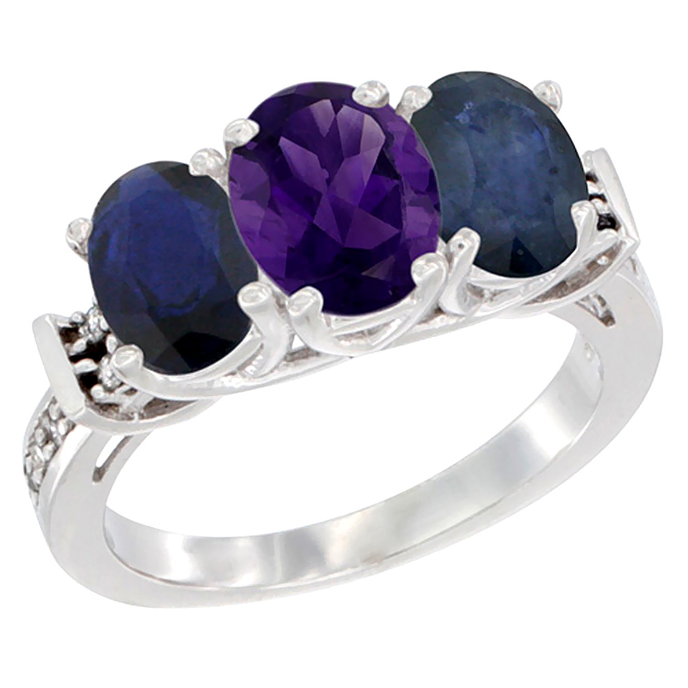14K White Gold Natural Amethyst & Blue Sapphire Sides Ring 3-Stone Oval Diamond Accent, sizes 5 - 10