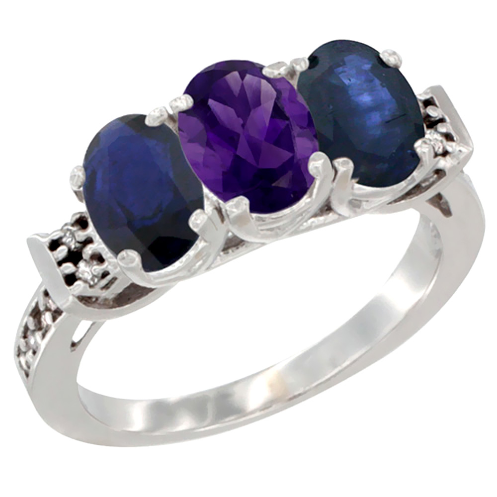 14K White Gold Natural Amethyst & Blue Sapphire Sides Ring 3-Stone Oval 7x5 mm Diamond Accent, sizes 5 - 10