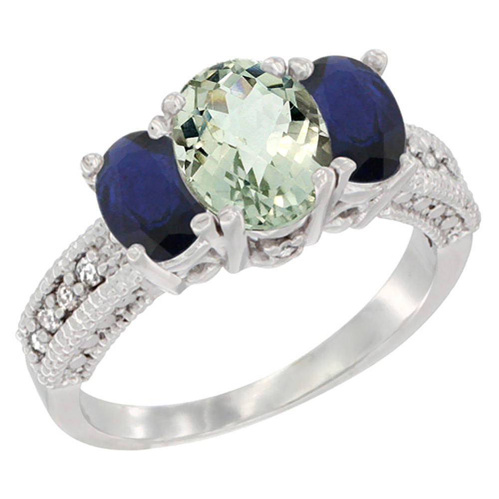14k White Gold Ladies Oval Natural Green Amethyst 3-Stone Ring with Blue Sapphire Sides Diamond Accent