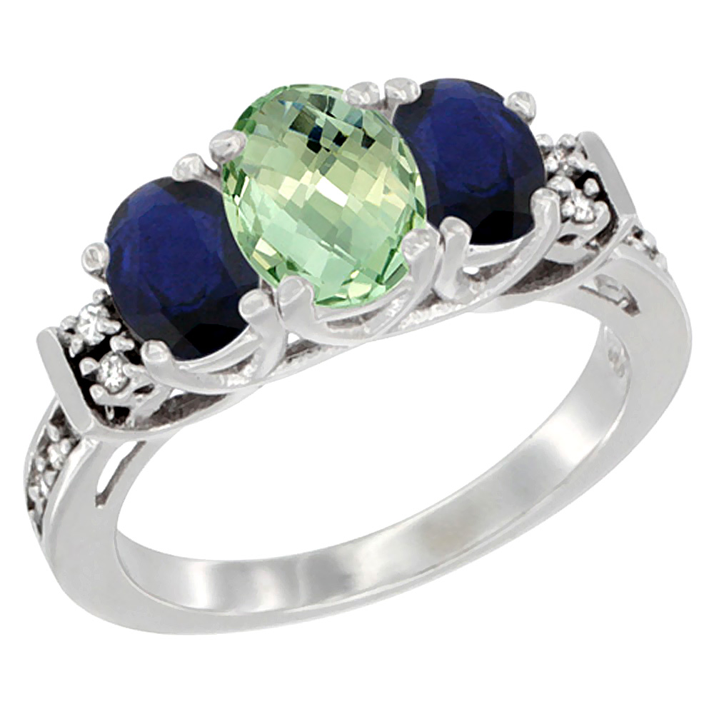 14K White Gold Natural Green Amethyst & Blue Sapphire Ring 3-Stone Oval with Diamond Accent