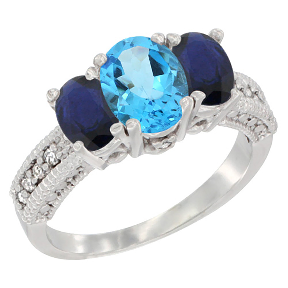 14k White Gold Ladies Oval Natural Swiss Blue Topaz 3-Stone Ring with Blue Sapphire Sides Diamond Accent