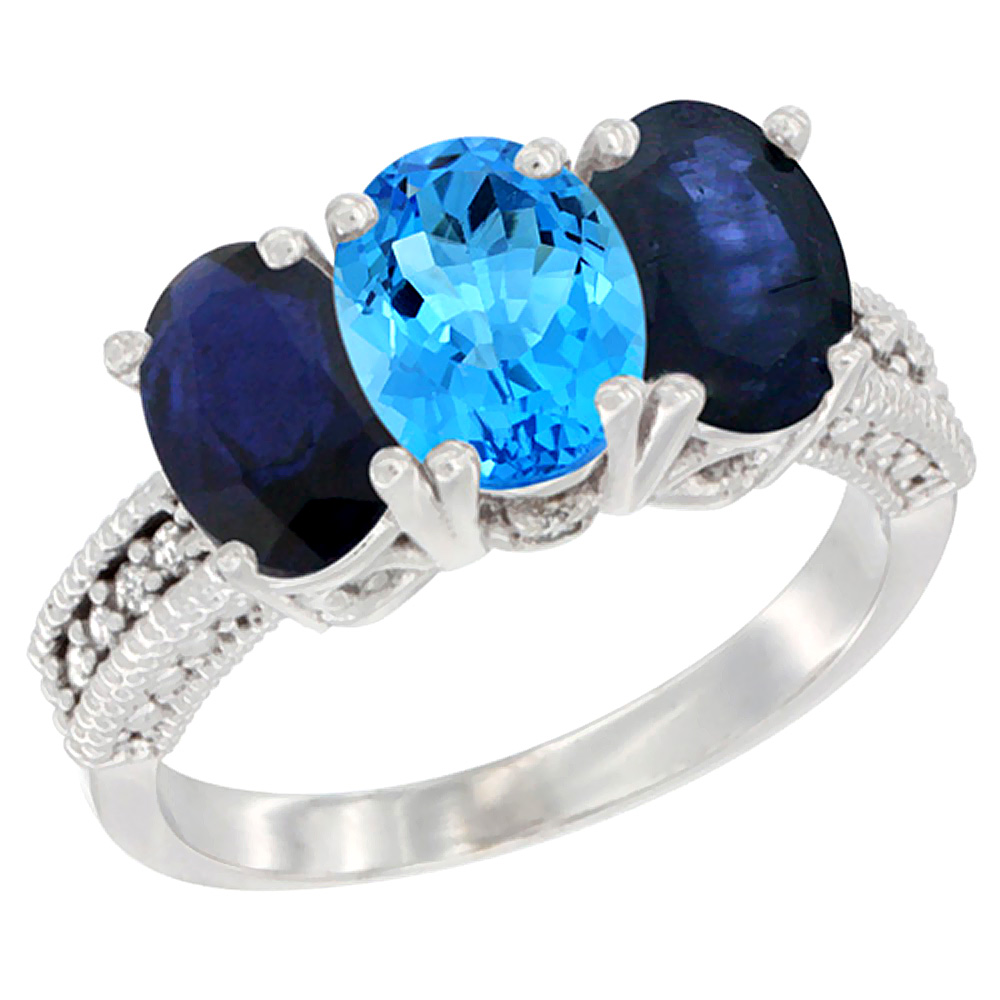 14K White Gold Natural Swiss Blue Topaz &amp; Blue Sapphire Sides Ring 3-Stone 7x5 mm Oval Diamond Accent, sizes 5 - 10