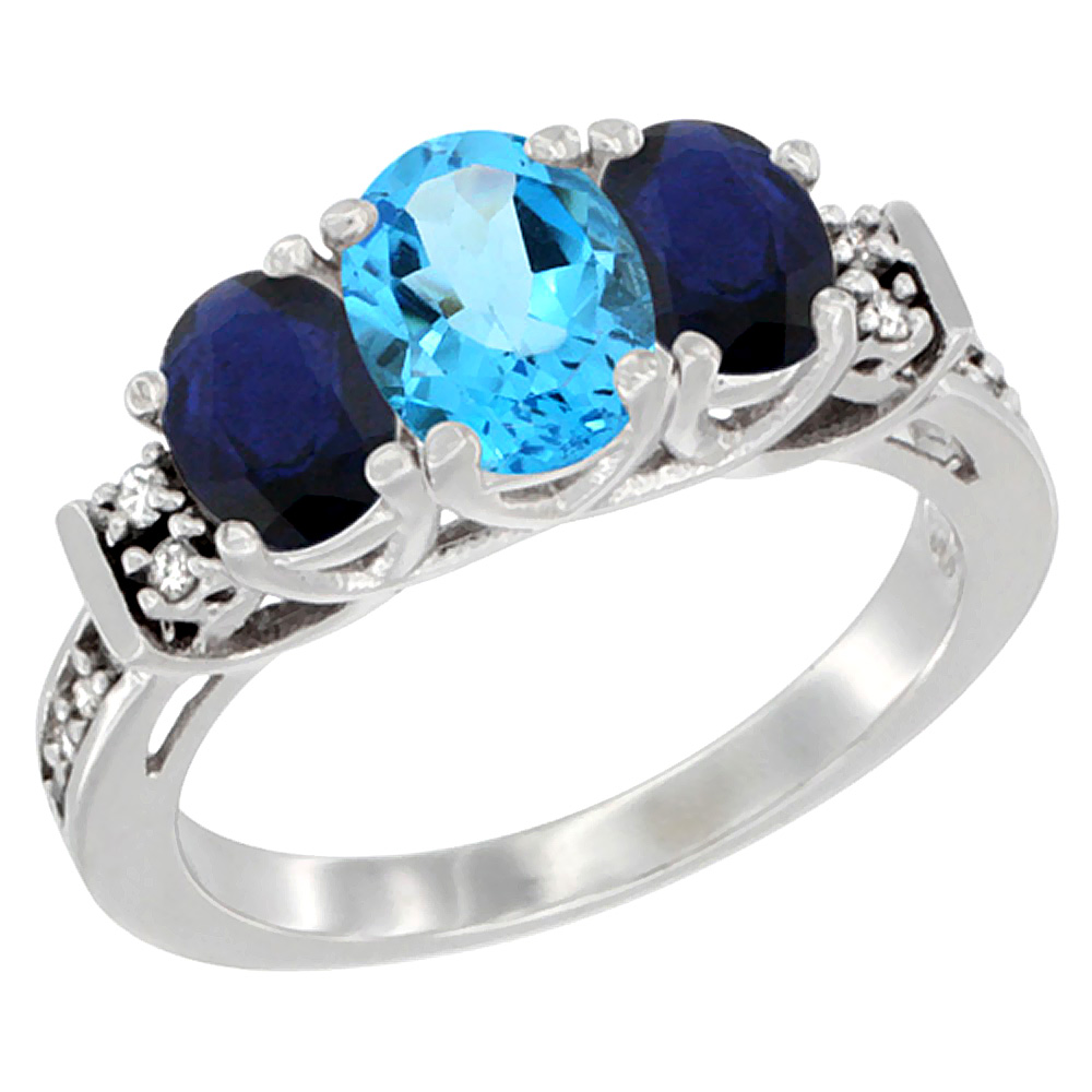 14K White Gold Natural Swiss Blue Topaz &amp; Blue Sapphire Ring 3-Stone Oval with Diamond Accent
