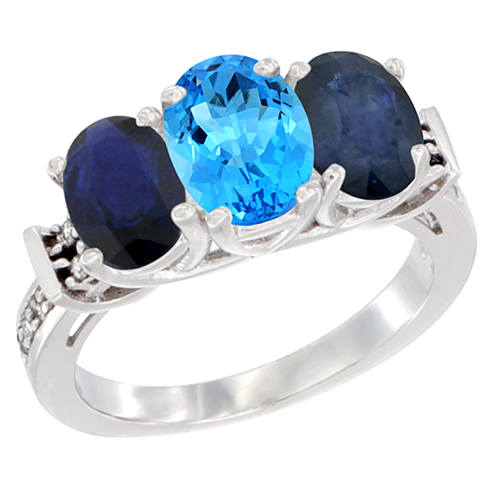 14K White Gold Natural Swiss Blue Topaz &amp; Blue Sapphire Sides Ring 3-Stone Oval Diamond Accent, sizes 5 - 10