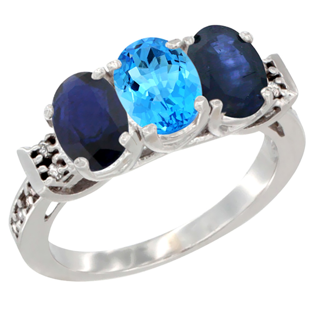 10K White Gold Natural Swiss Blue Topaz &amp; Blue Sapphire Sides Ring 3-Stone Oval 7x5 mm Diamond Accent, sizes 5 - 10