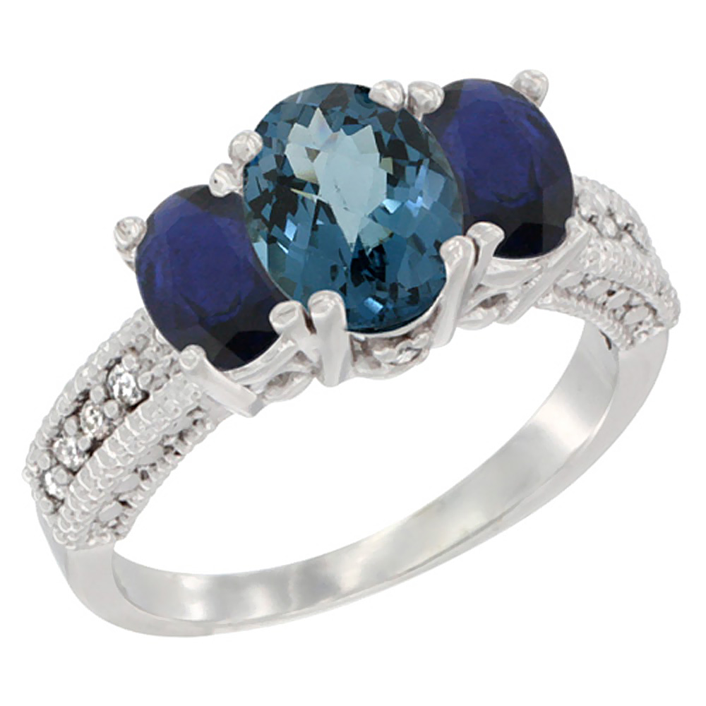 14k White Gold Ladies Oval Natural London Blue Topaz 3-Stone Ring with Blue Sapphire Sides Diamond Accent