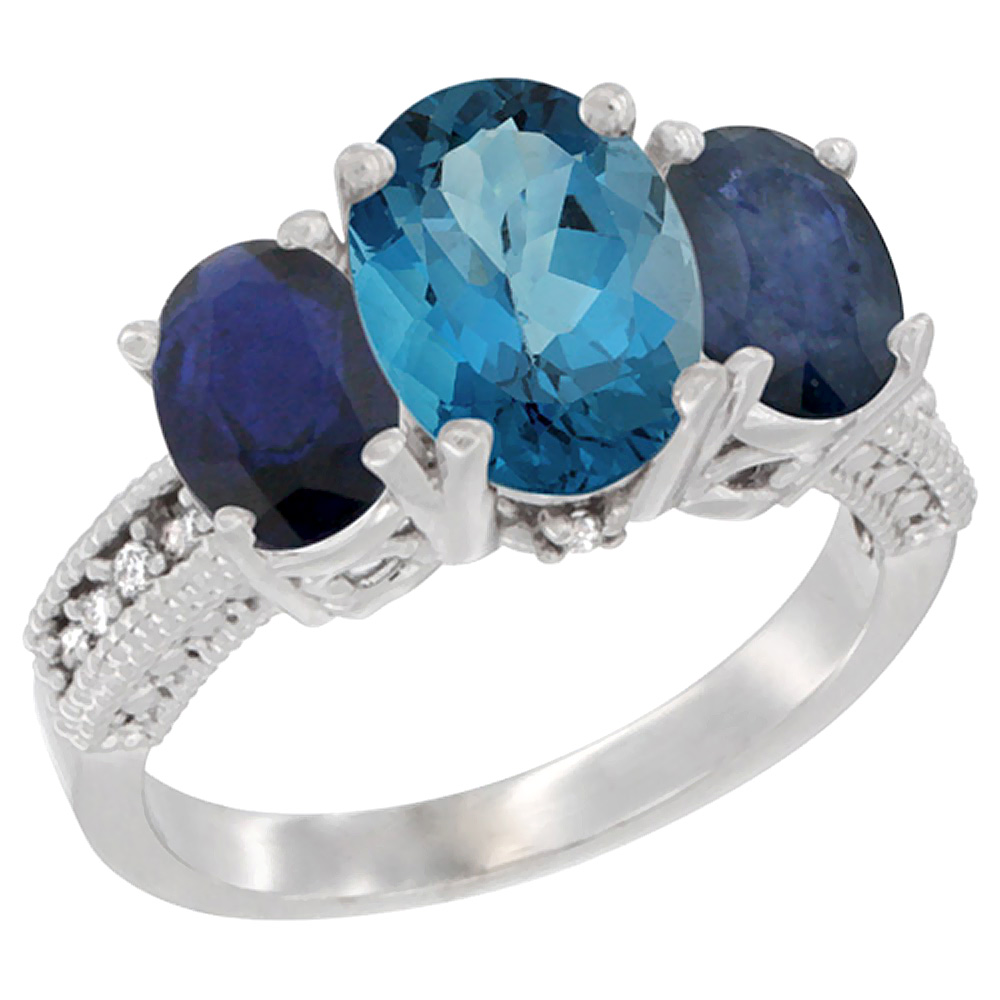 14K White Gold Diamond Natural London Blue Topaz Ring 3-Stone Oval 8x6mm with Blue Sapphire, sizes5-10