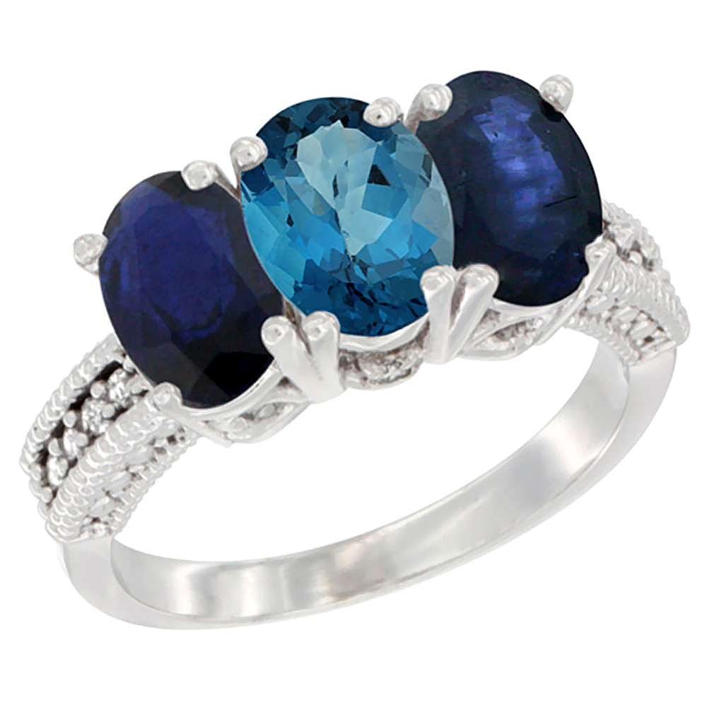 14K White Gold Natural London Blue Topaz & Blue Sapphire Sides Ring 3-Stone 7x5 mm Oval Diamond Accent, sizes 5 - 10