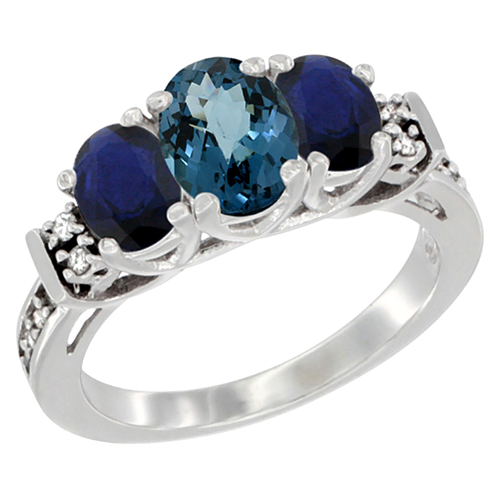 10K White Gold Diamond Natural London Blue Topaz &amp; Quality Blue Sapphire 3-stone Mothers Ring Oval,sz5-10