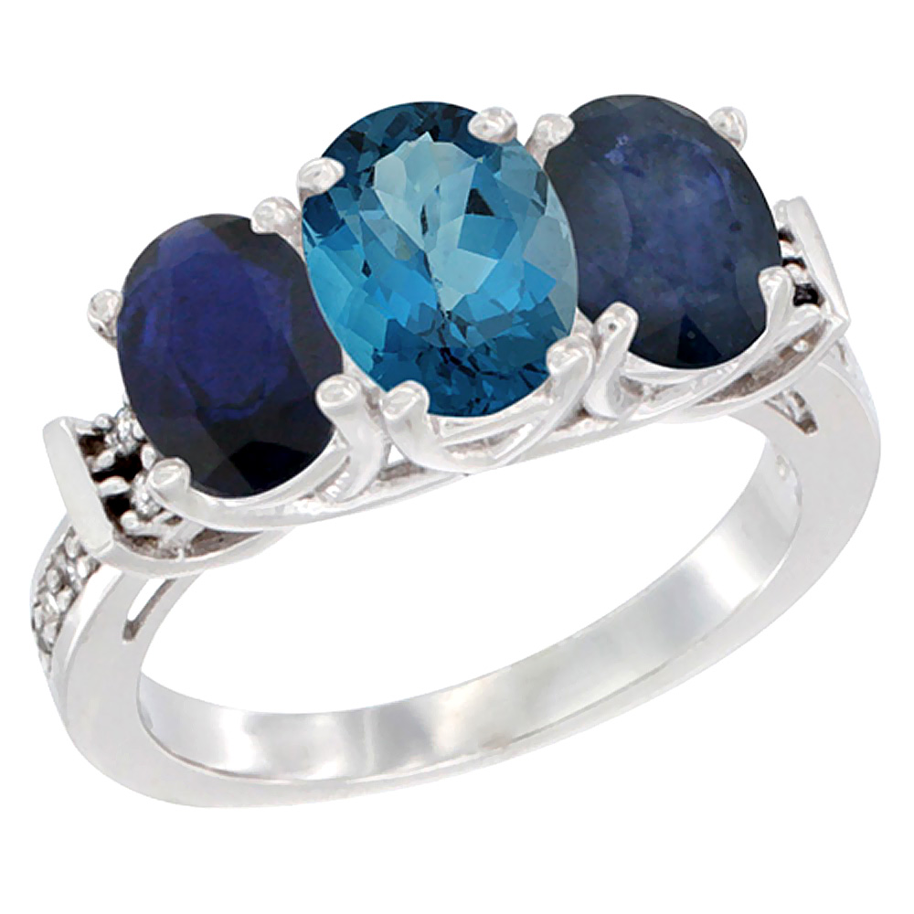10K White Gold Natural London Blue Topaz & Blue Sapphire Sides Ring 3-Stone Oval Diamond Accent, sizes 5 - 10