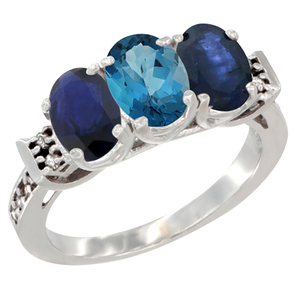 14K White Gold Natural London Blue Topaz &amp; Blue Sapphire Sides Ring 3-Stone Oval 7x5 mm Diamond Accent, sizes 5 - 10