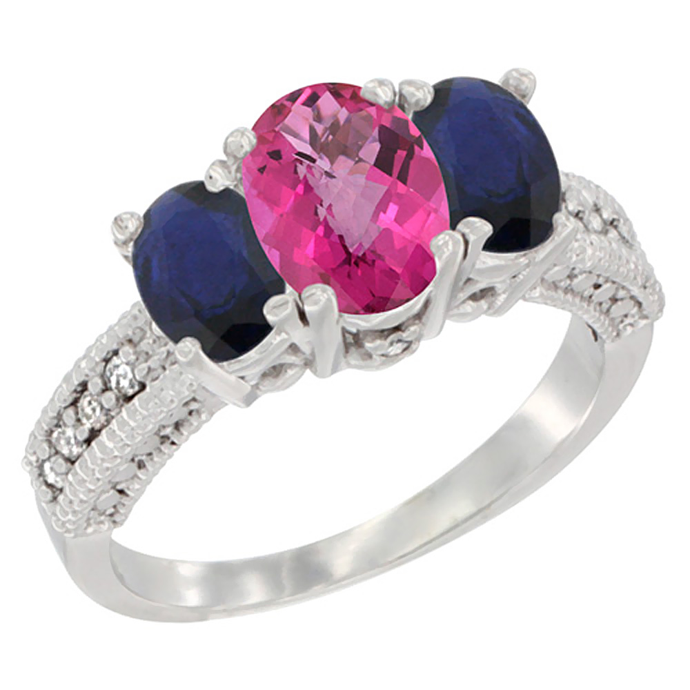 14k White Gold Ladies Oval Natural Pink Topaz 3-Stone Ring with Blue Sapphire Sides Diamond Accent